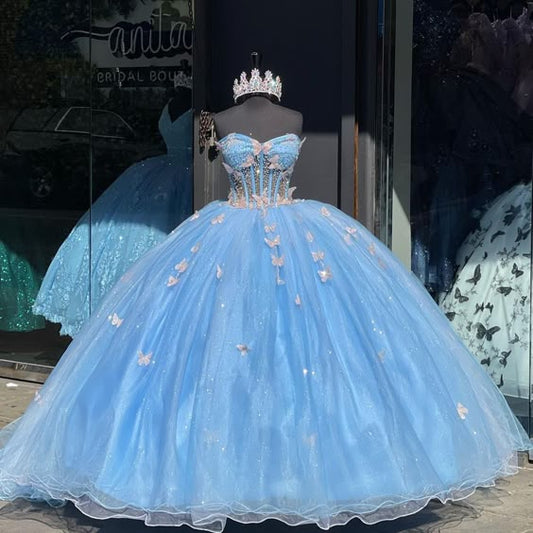 Robe de Quinceanera bleu ciel avec motif papillon 3D, robe de bal, de fête d'anniversaire, de bal, de promo, fg6604