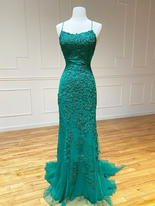 Rückenfreies langes Ballkleid aus grüner Spitze im Meerjungfrauenstil, formelles Abendkleid in Grün aus grüner Spitze fg5833