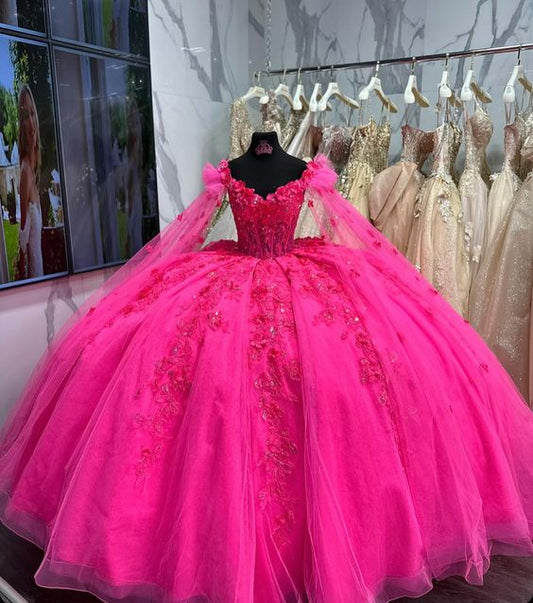 Robe de bal Quinceañera à épaules dénudées, en tulle et dentelle, avec cape, pour un 16e anniversaire (fg6296)