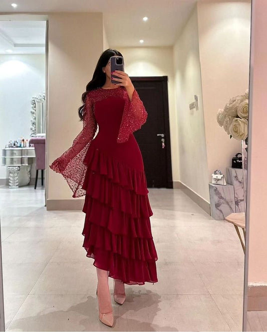 Robe de soirée bordeaux à sequins, longueur cheville, col rond, à volants, fg6730