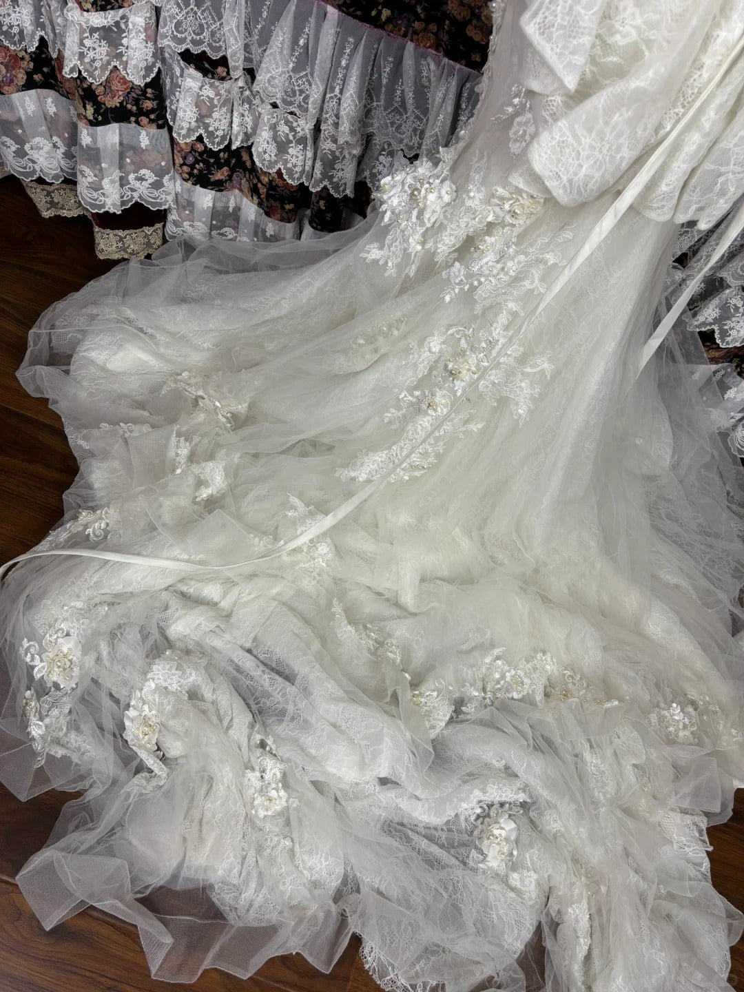 Mermaid Lace Tulle Pearls Long Princess Wedding Dress fg8173