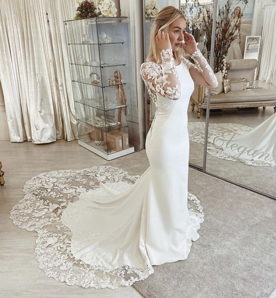 Chapel-length Petal Train Low Back Stretch Crepe Wedding Dress With Lo formalgowns Chapel-length Petal Train Low Back Stretch Crepe Wedding Dress With Lo formalgowns