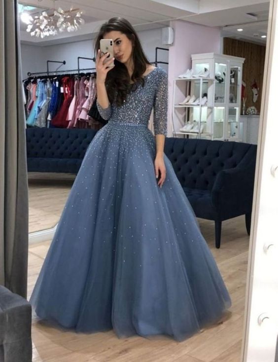 A-line V neck 3/4 Sleeve Elegant Long Prom Dresses Beaded Evening Form formalgowns A-line V neck 3/4 Sleeve Elegant Long Prom Dresses Beaded Evening Form formalgowns