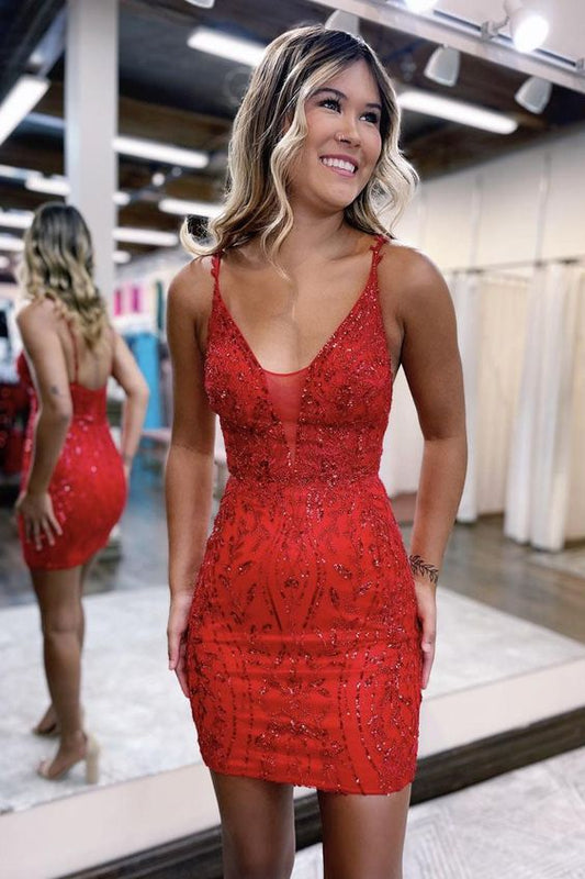 V-Ausschnitt Spitzenapplikationen Kurzes Homecoming-Kleid Enges Abschlusskleid fg5829