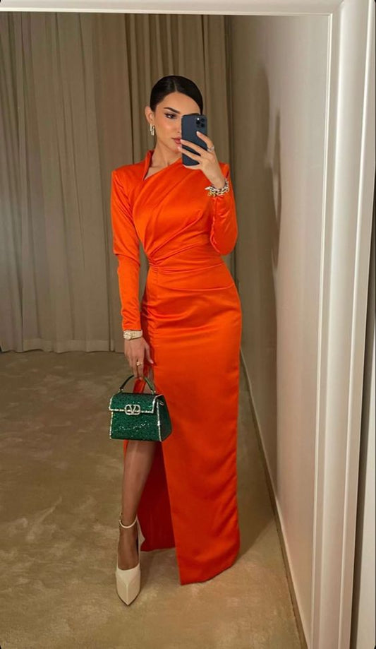 Robe de soirée en satin orange pour femme, manches longues, style vintage, fg5904