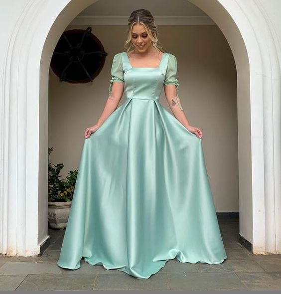 A-line Square Neck Puff Sleeve Long Prom Dress,Wedding Guest Outfit fg formalgowns A-line Square Neck Puff Sleeve Long Prom Dress,Wedding Guest Outfit fg formalgowns