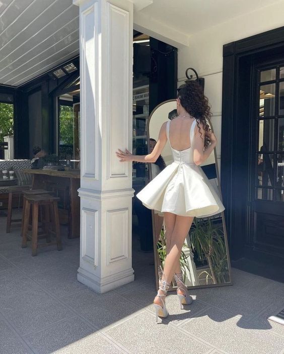 Elegant Short Homecoming Dresses Square Collar Satin Sleeveless A Line Mini Length Custom Made Female Dress fg5405 Elegant Short Homecoming Dresses Square Collar Satin Sleeveless A Line Mini Length Custom Made Female Dress fg5405