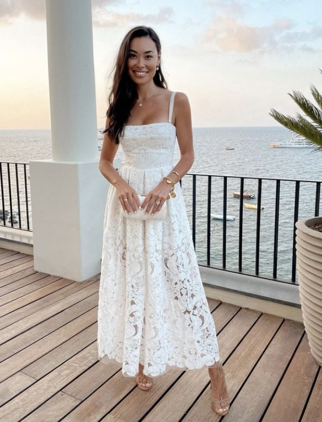 Robe de soirée blanche trapèze en dentelle à bretelles, robe de bal fg7848