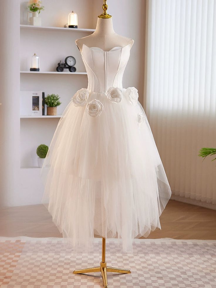 short white tulle dress Unique White Tulle Satin Short Prom Dress, White Homecoming Dress fg63