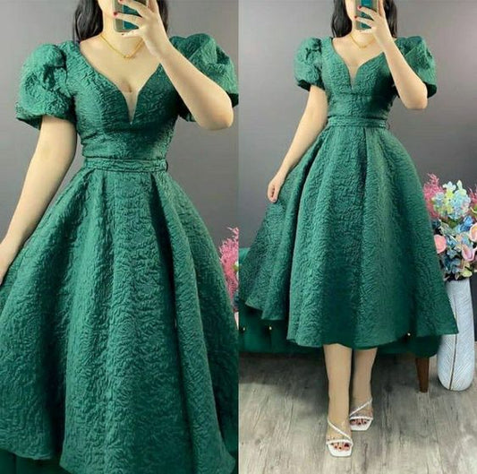 Robe de soirée mi-longue verte trapèze pour femme, fg6235