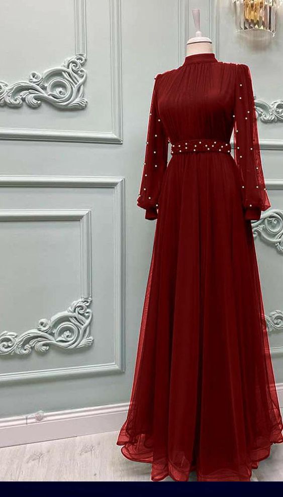 Kleid mit Perlen Langarm Tüll Muslim Kleid, elegantes Abendkleid fg6035
