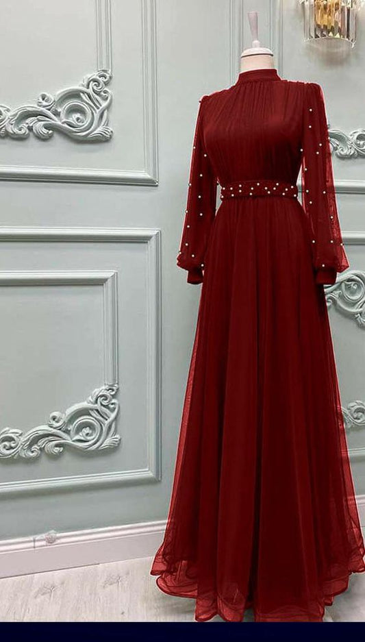 Robe musulmane en tulle à manches longues et perles, élégante robe de soirée fg6035