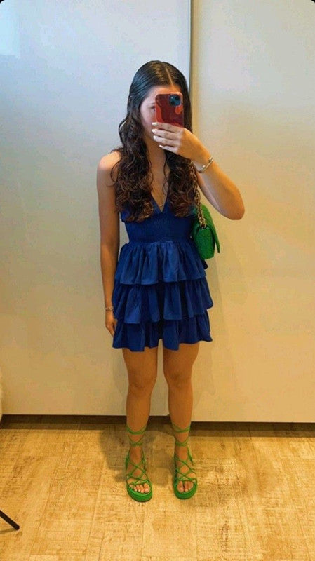 Robe de soirée sexy à col en V et ourlet à volants superposés fg5839