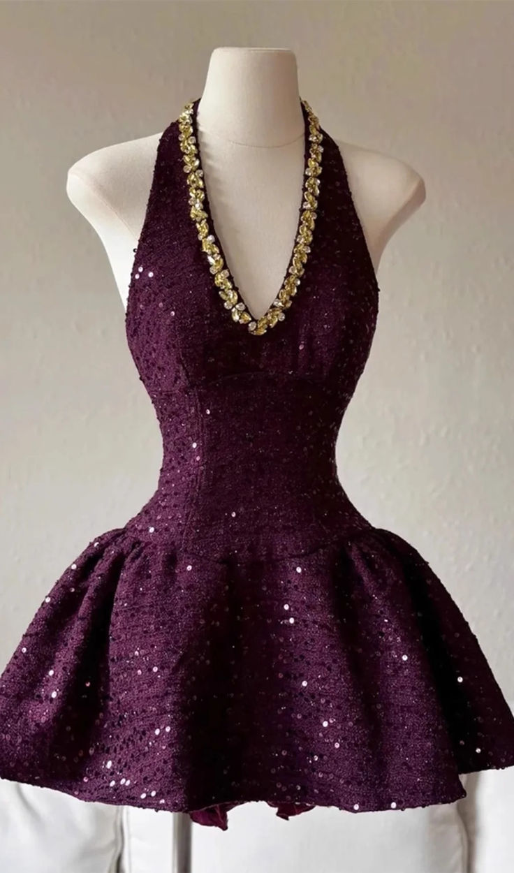 Dark Purple Sequin V Neck Halter Homecoming Dress Short Party Dress fg7688