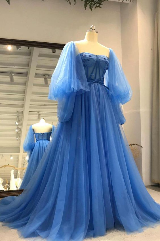 Tulle Long Sleeve Prom Dress, A-Line Tulle Formal Evening Dress fg6328