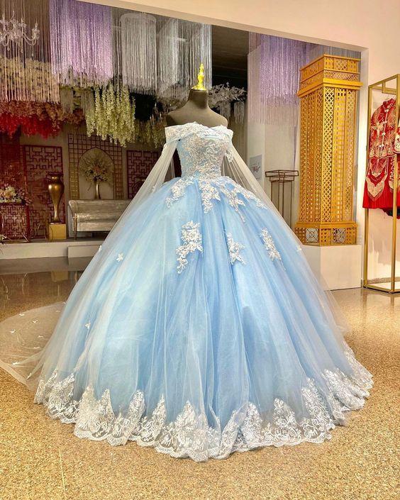 Gorgeous Blue Quinceanera Dresses With Cape Luxury Flowers Corset Ball Gown Princess Birthday Party Dress Sweet 15 Vestios Gala fg5745