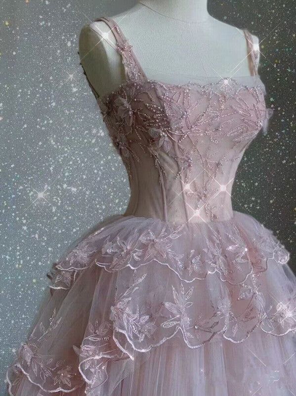 Modest Ball Gown Straps Pink Tulle Prom Dresses 22th Birthday Outfit f formalgowns Modest Ball Gown Straps Pink Tulle Prom Dresses 22th Birthday Outfit f formalgowns