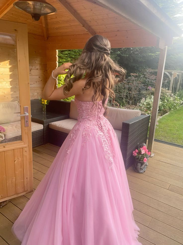 A Line Strapless Evening Gowns, Pink Long Prom Dress fg7462