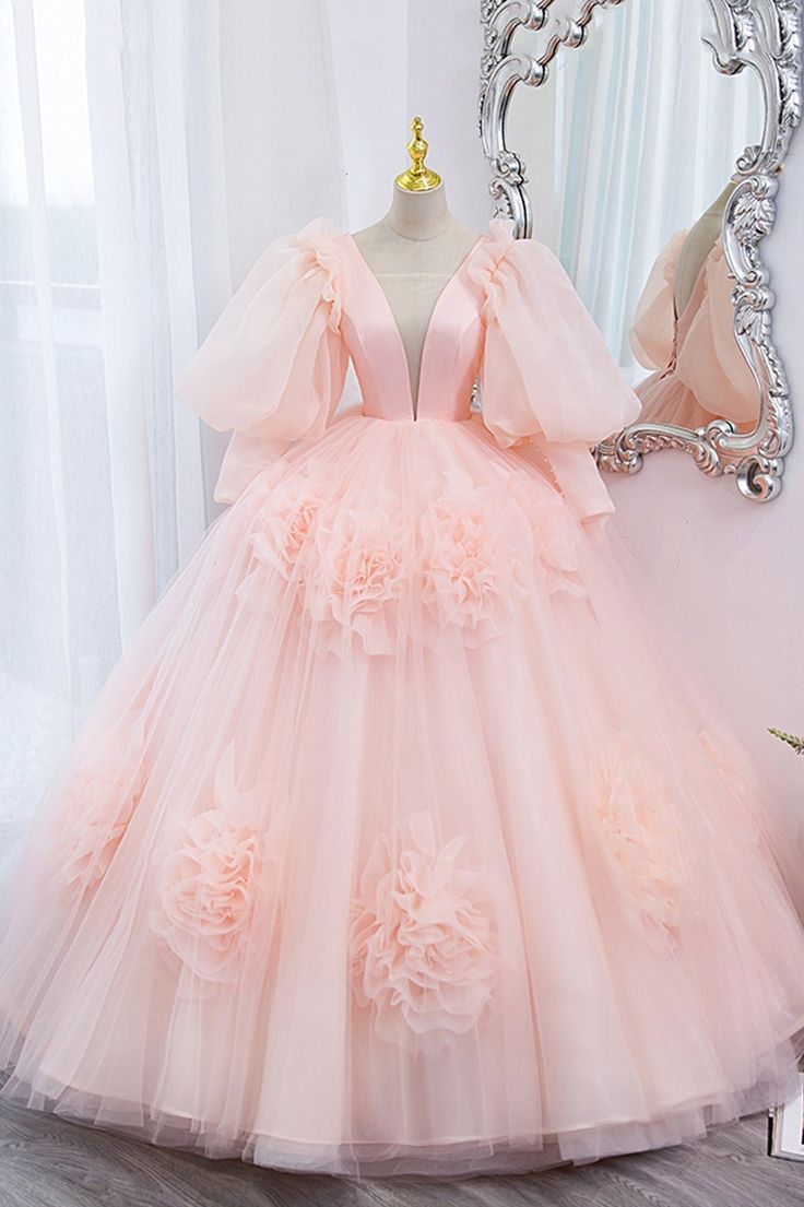 puff sleeve tulle princess dress Beautiful Tulle A-line Blue Puff Sleeves Long Prom Dress, Evening Dress, MP765
