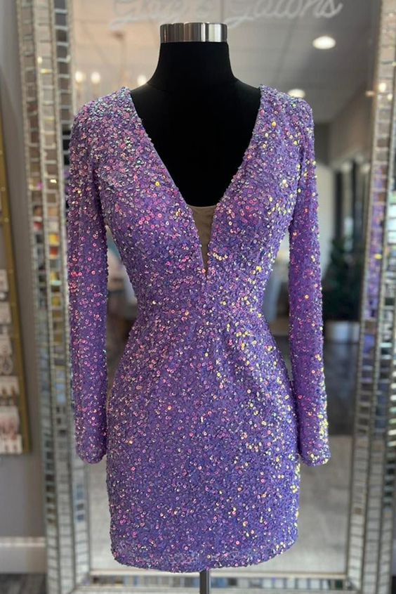 Lace-Up Sequins Plunging V Neck Long Sleeves Sheath Homecoming Dress fg5695