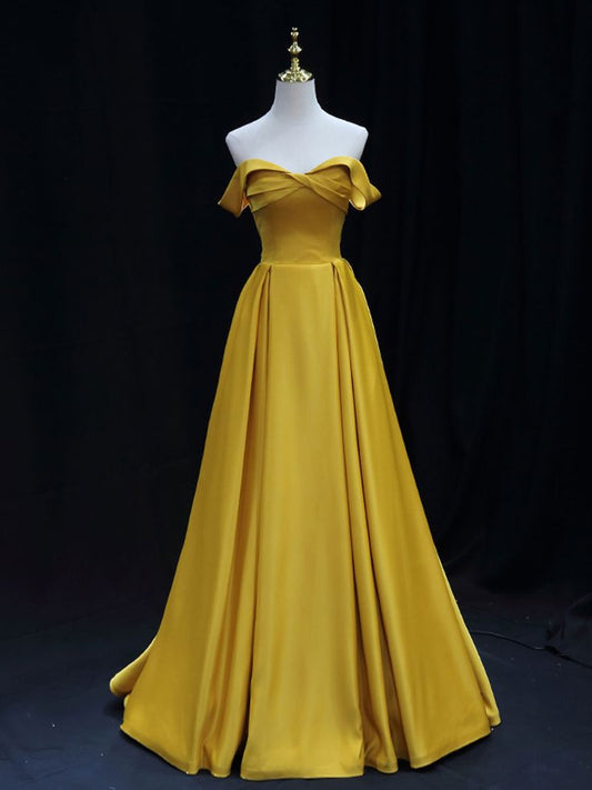 Robe de bal longue en satin jaune simple à épaules dénudées, robe de soirée formelle jaune fg6749