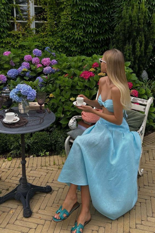 Robe de bal 2 pièces sans manches en satin bleu ciel clair fg5913
