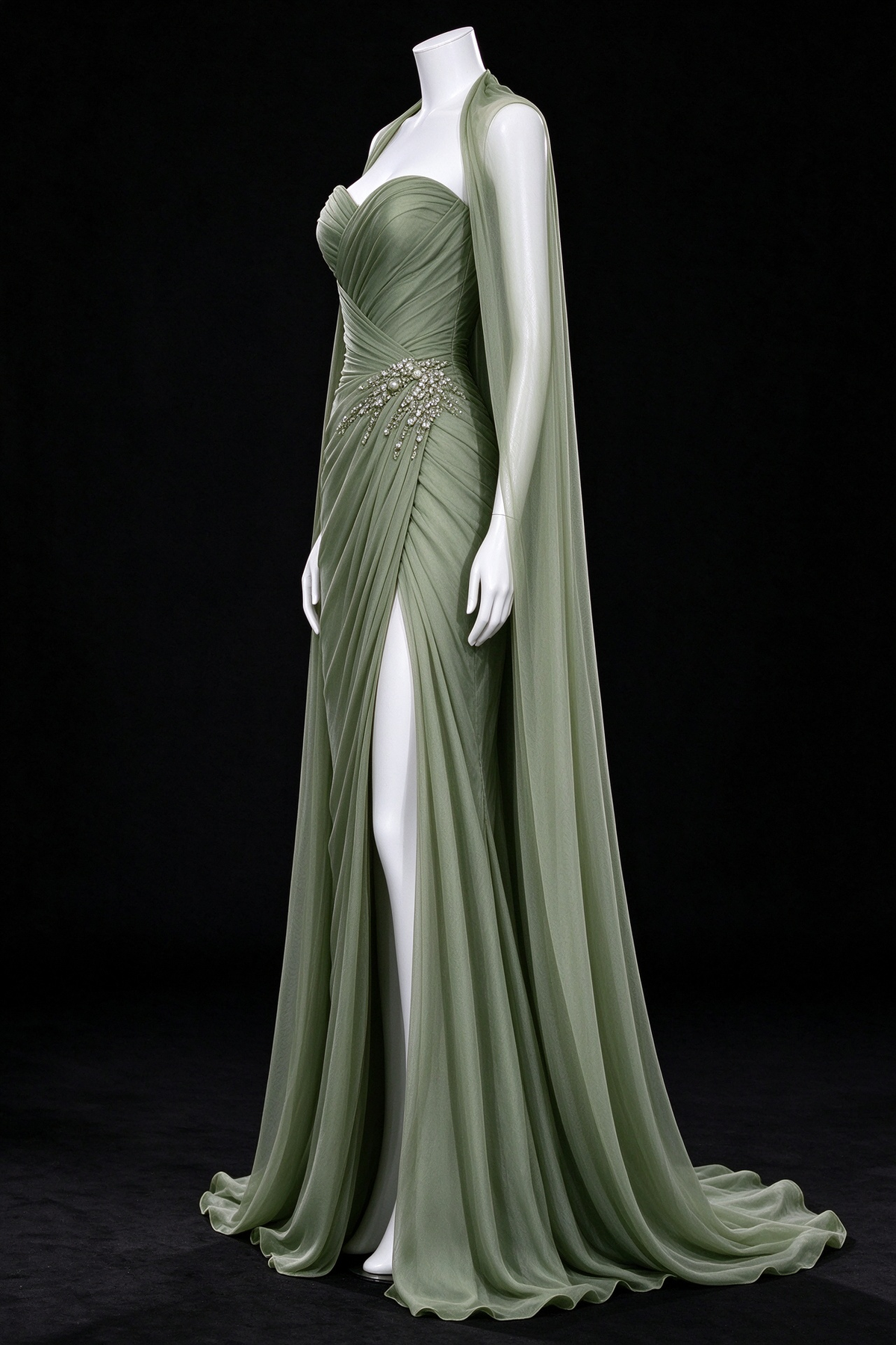 Sage Green Sweetheart Cape Sleeve Beaded Slit Mermaid Evening Gown fg9070