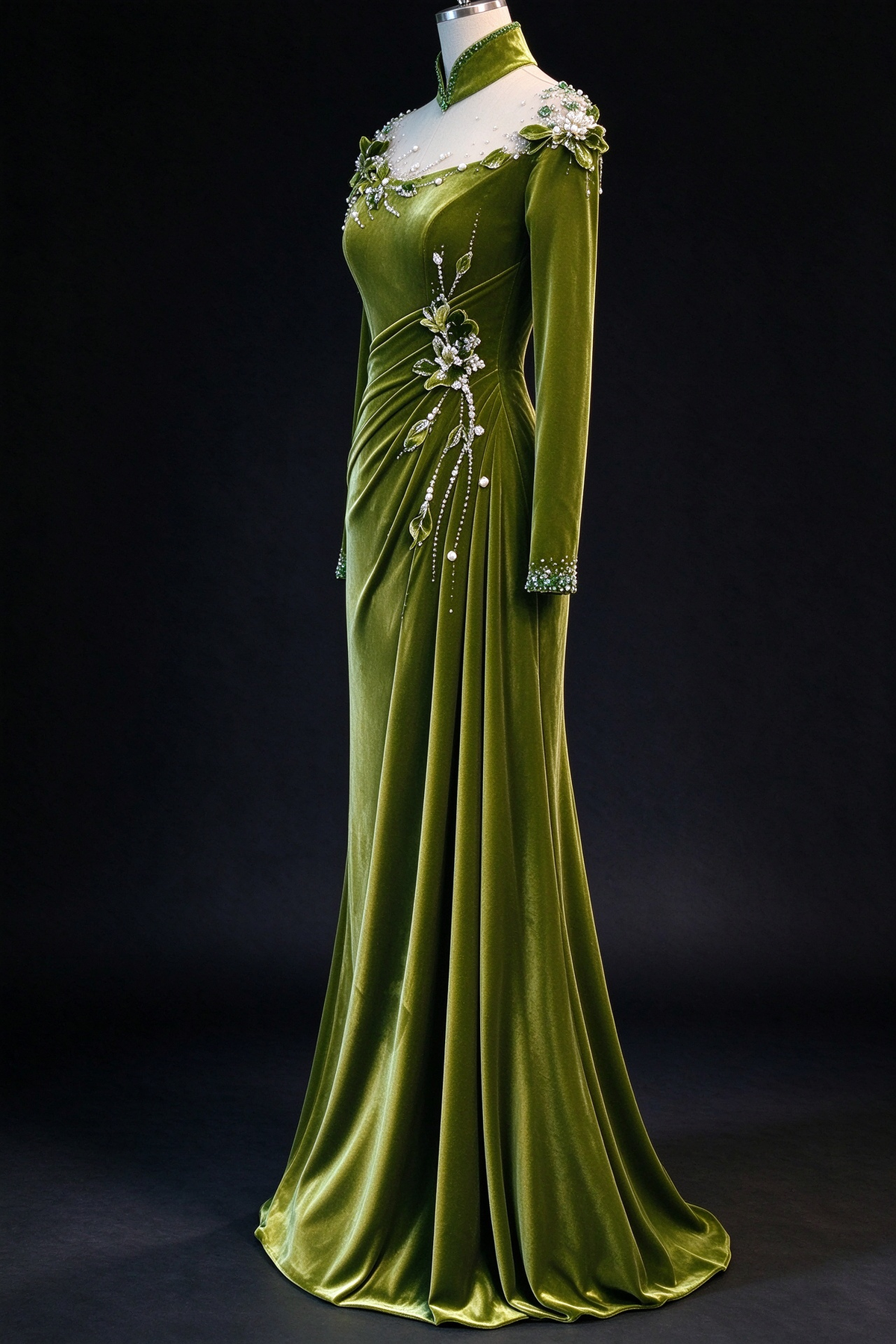 Olive Green Velvet Mermaid Evening Gown with Stand Collar, 3D Floral & Crystal Beading fg9022
