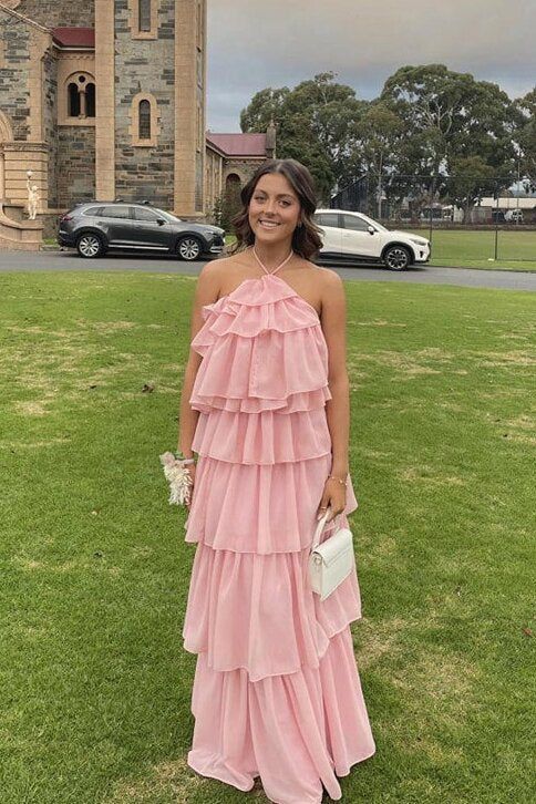 Halter Pink Layer Long Prom Dress Chiffon Birthday Dress fg6405 formalgowns Halter Pink Layer Long Prom Dress Chiffon Birthday Dress fg6405 formalgowns