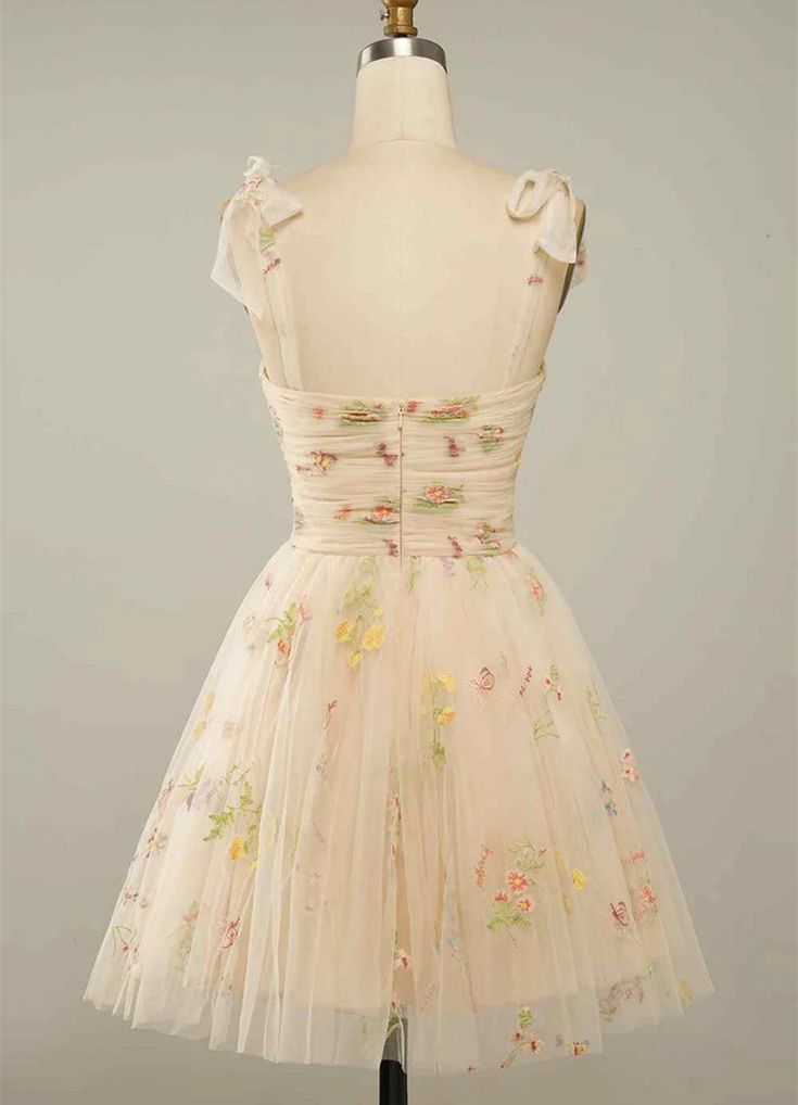 Champagne A-line Bow Tie Straps Pleated Applique Mini Homecoming Dress fg5969
