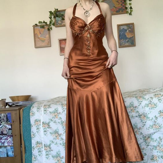 Robe de bal longue en satin à col licou, coupe trapèze, style vintage, robe de soirée formelle fg5843