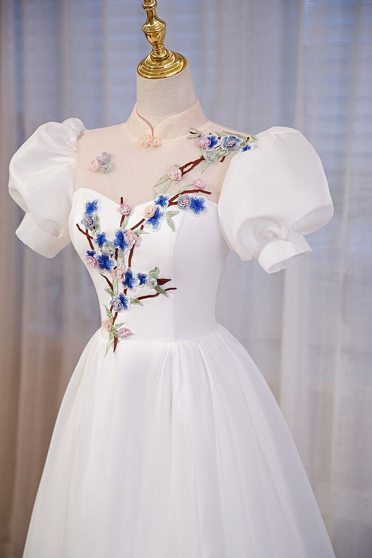 High Neckline A-line Short Sleeves Party Dress, Long Formal Dress fg5576