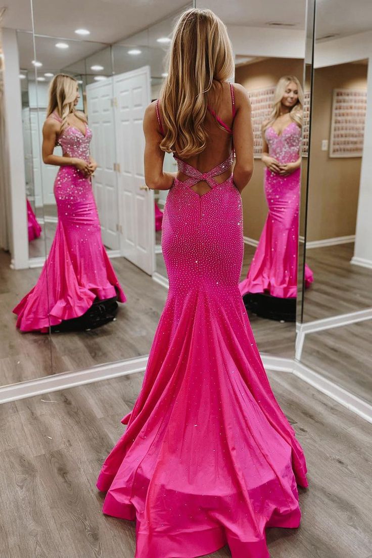 Hot Pink V Neck Satin Mermaid Long Prom Dresses with Beaded fg6746 formalgowns Hot Pink V Neck Satin Mermaid Long Prom Dresses with Beaded fg6746 formalgowns