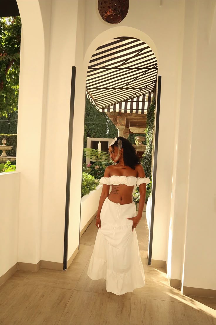 white two piece party dress Crystal Flower Detail Two Piece Maxi Dress White