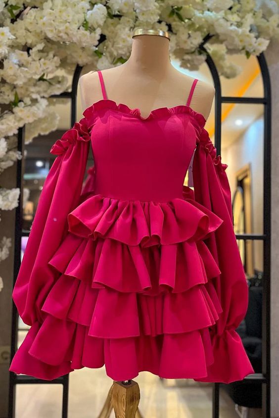 Spaghetti Straps Ruffled Long Sleeves Layers Homecoming Dress fg6594 formalgowns Spaghetti Straps Ruffled Long Sleeves Layers Homecoming Dress fg6594 formalgowns