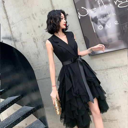 Robe de soirée courte noire à col en V fg5973