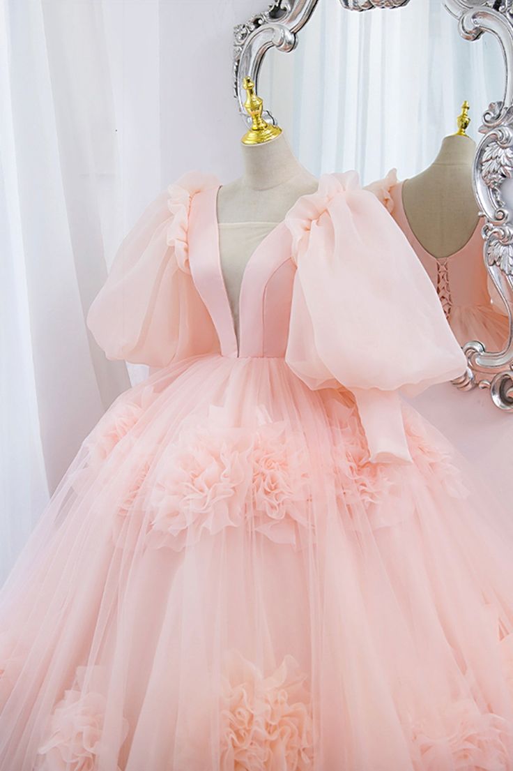 Robe de bal longue en tulle à col en V et manches bouffantes, coupe trapèze, style princesse, fg5705
