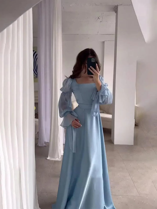 Robe de soirée longue bleu clair à manches bouffantes fg6688