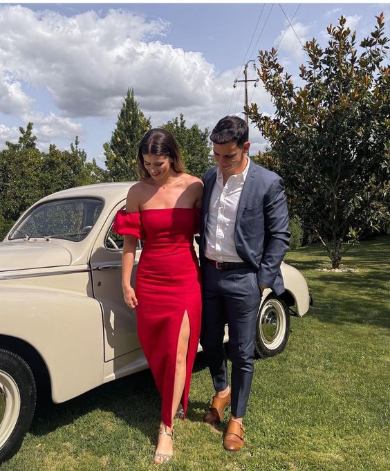 red dress prom couple Red Sequined V-neck Long Sleeve Crafted Satin Slit Prom Dress