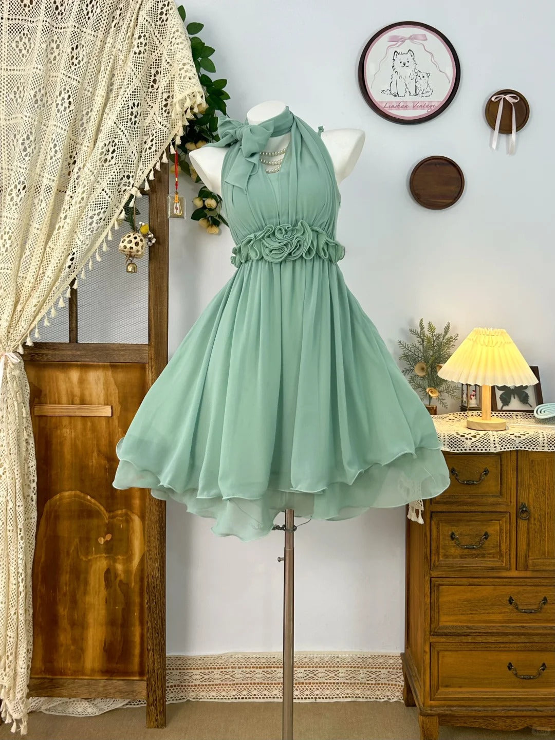 Green Chiffon Vintage Evening Dress Elegant Sleeveless Short Prom Part formalgowns Green Chiffon Vintage Evening Dress Elegant Sleeveless Short Prom Part formalgowns