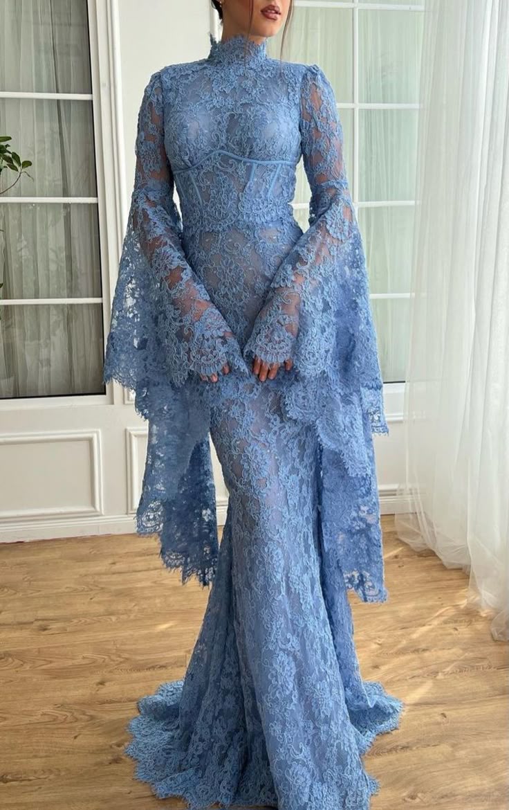 High Neck Mermaid Evening Dress for Women Flare Sleeves Blue Lace Long formalgowns High Neck Mermaid Evening Dress for Women Flare Sleeves Blue Lace Long formalgowns