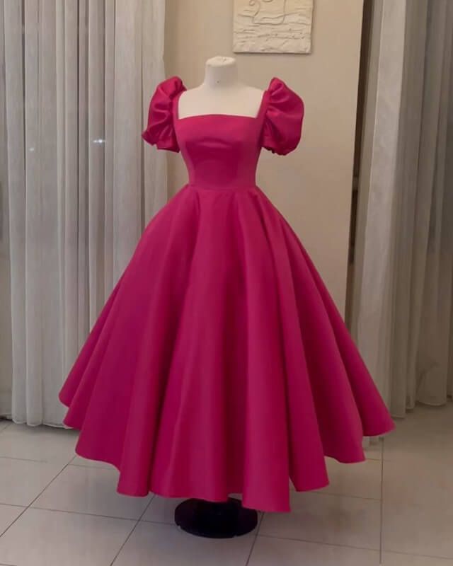 Puffy Sleeves Ankle Length Satin Ball Gown fg5742
