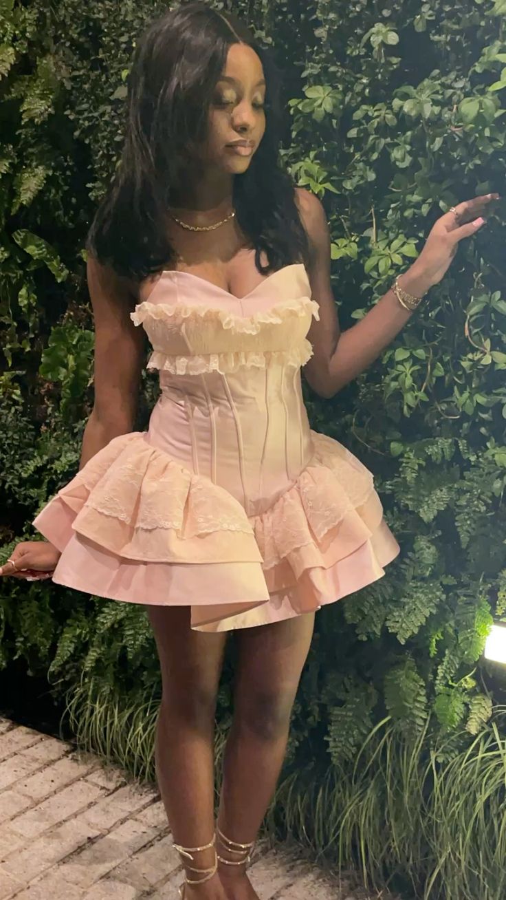 Robe d'anniversaire rose sans bretelles, robe de soirée courte rose fg7713