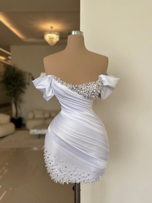 White Short Prom Dress Sheath Off the Shoulder Pearls Mini Cocktail Cl formalgowns White Short Prom Dress Sheath Off the Shoulder Pearls Mini Cocktail Cl formalgowns