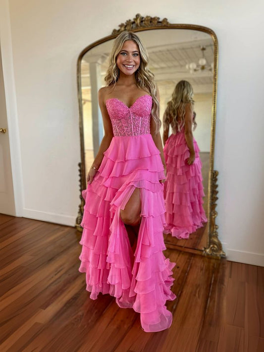 Robe de bal longue trapèze en mousseline de soie et dentelle, décolleté en cœur, robe de soirée longue en dentelle fg5966