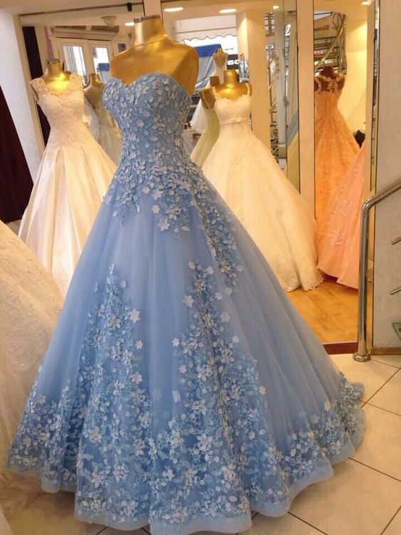 Ball Gown Sweetheart Blue Prom Dresses 3d Flower Dress fg6487
