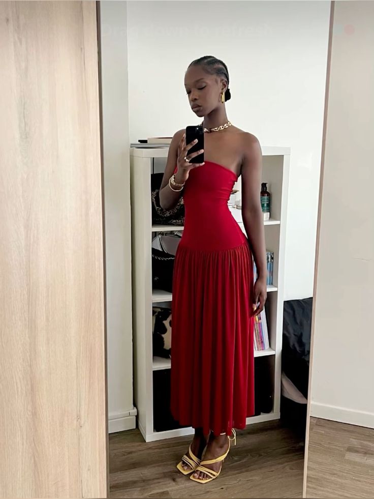 Robe de soirée longue rouge sans bretelles, coupe trapèze, robe d'invitée de mariage fg7403