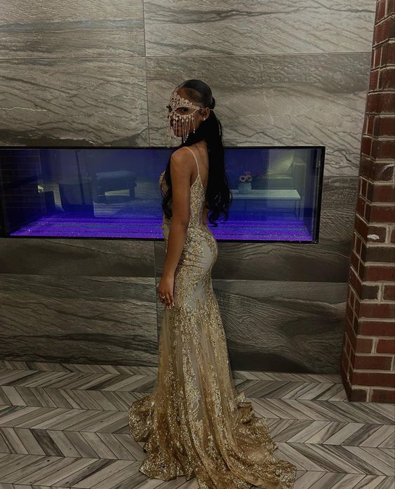 Gold Mermaid Prom Dresses For Black Girls Spaghetti Zipper Back Sweep formalgowns Gold Mermaid Prom Dresses For Black Girls Spaghetti Zipper Back Sweep formalgowns