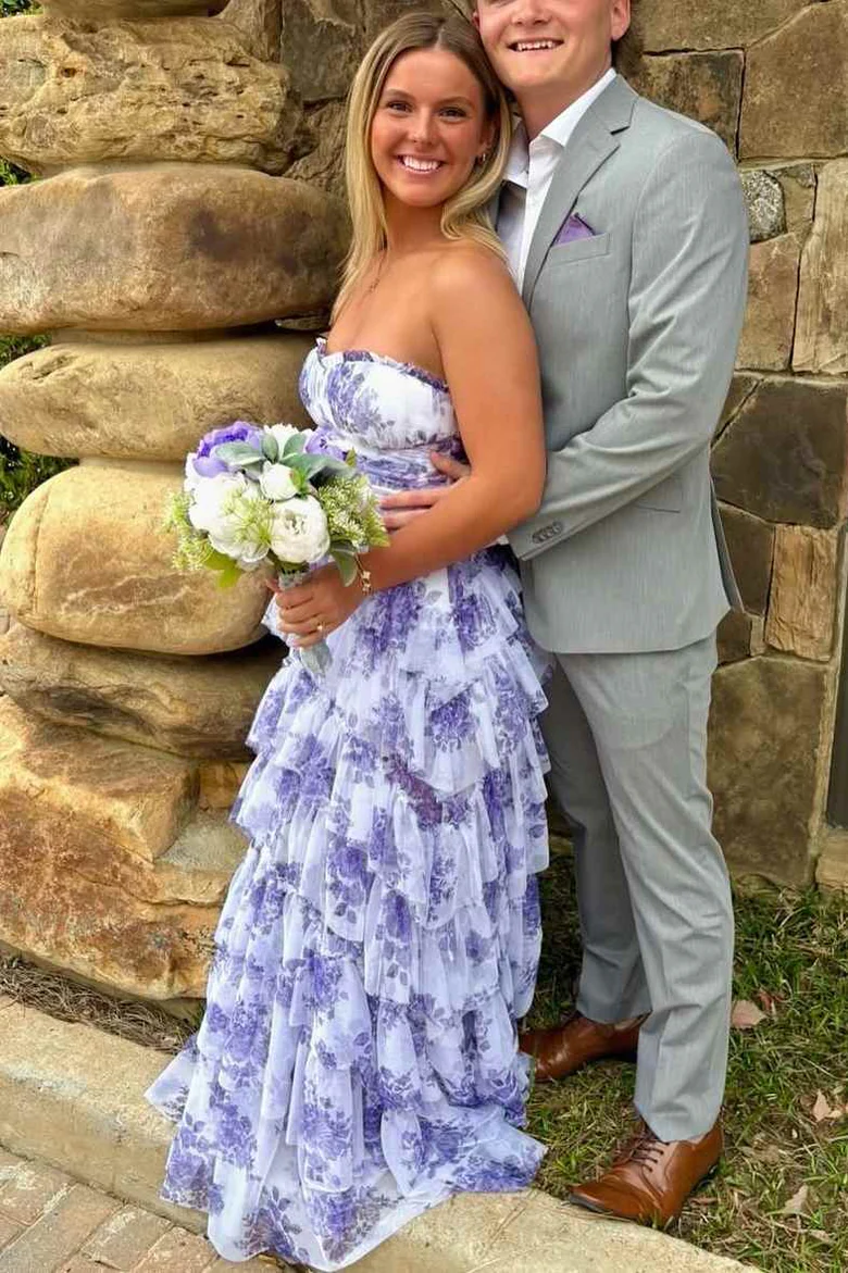 A-Linie, trägerlos, Empire-Taille, mehrlagiges Print, ärmelloses Ballkleid fg8302