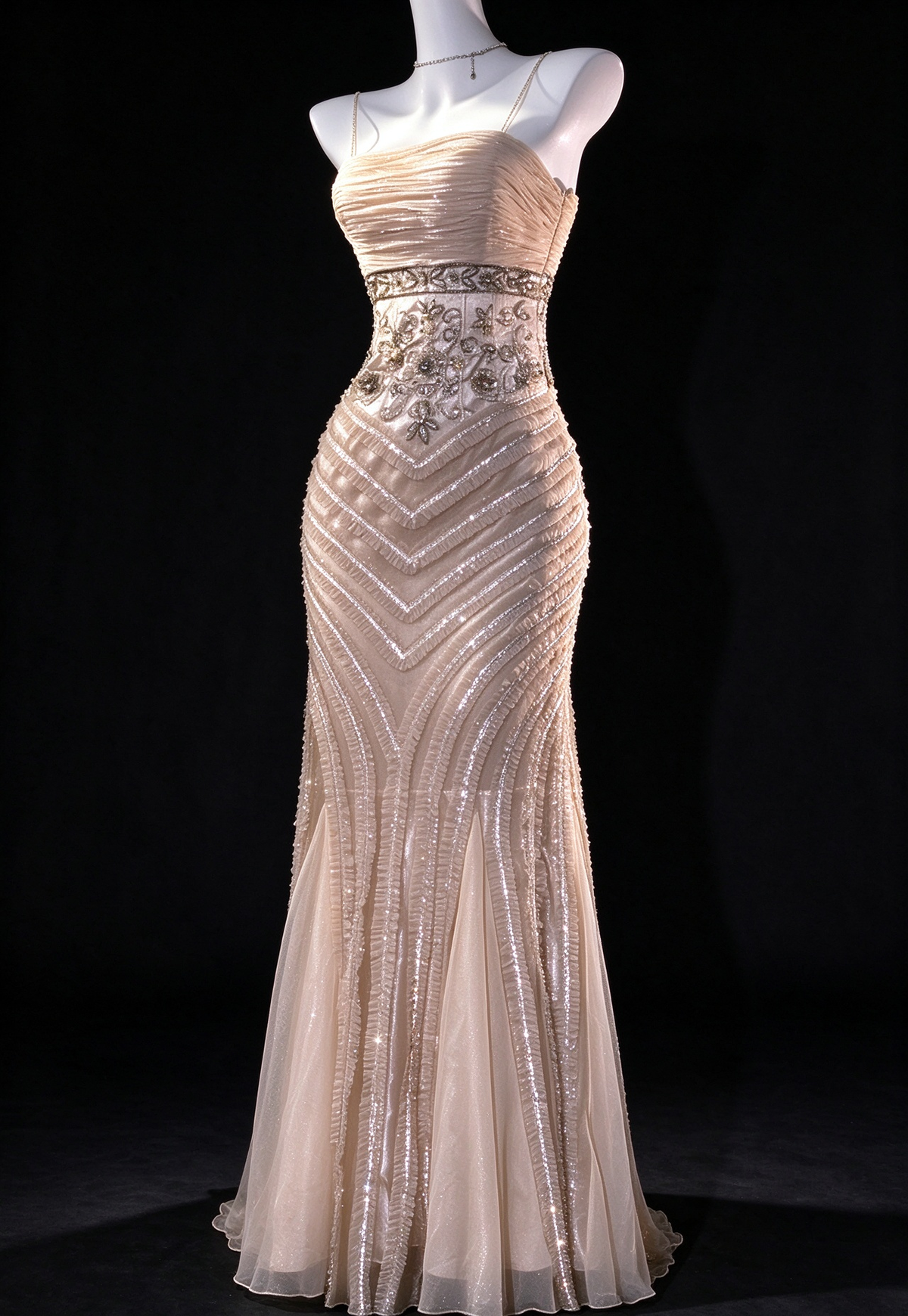 Champagne Spaghetti Strap Beaded Mermaid Evening Dress fg9132